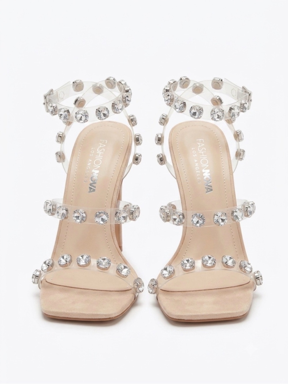 Clear Rhinestone Acrylic Block Heel Sandals – Nude Square Toe